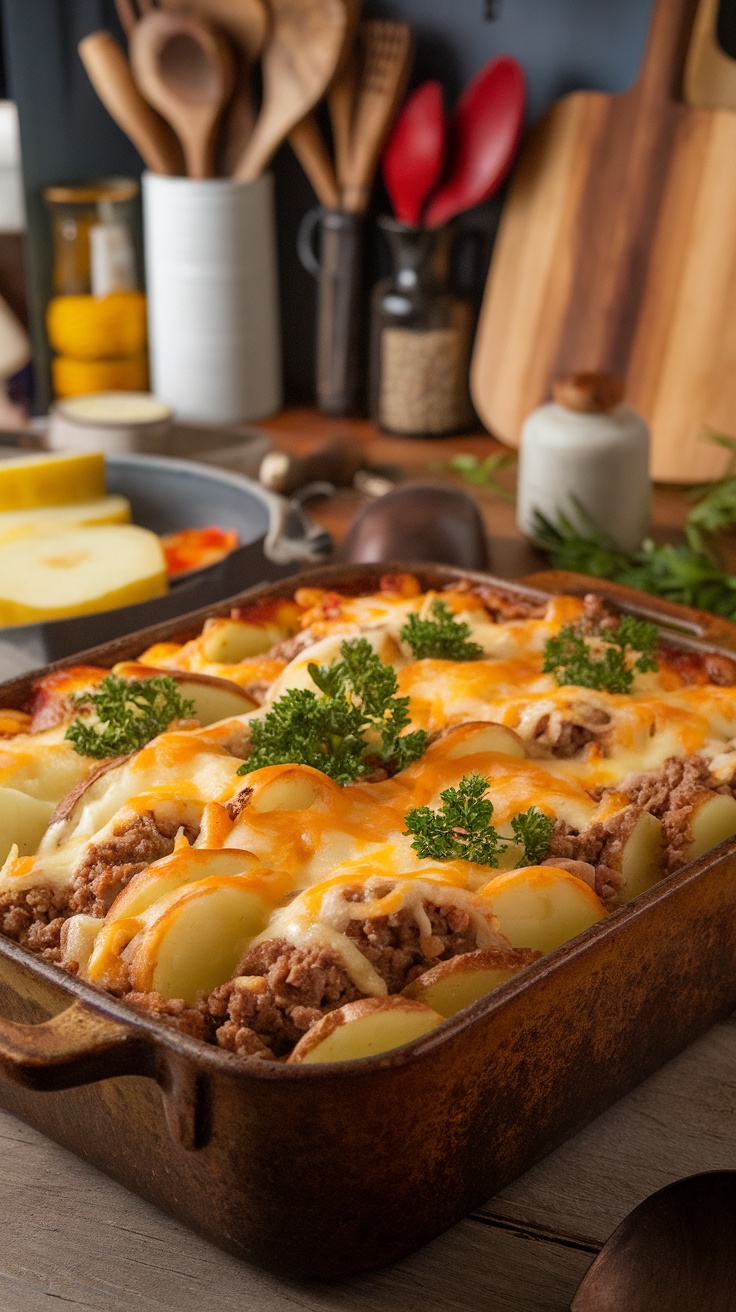 A hearty Hobo Casserole with ground beef, potatoes, and melted cheese, garnished with parsley, served in a rustic dish.